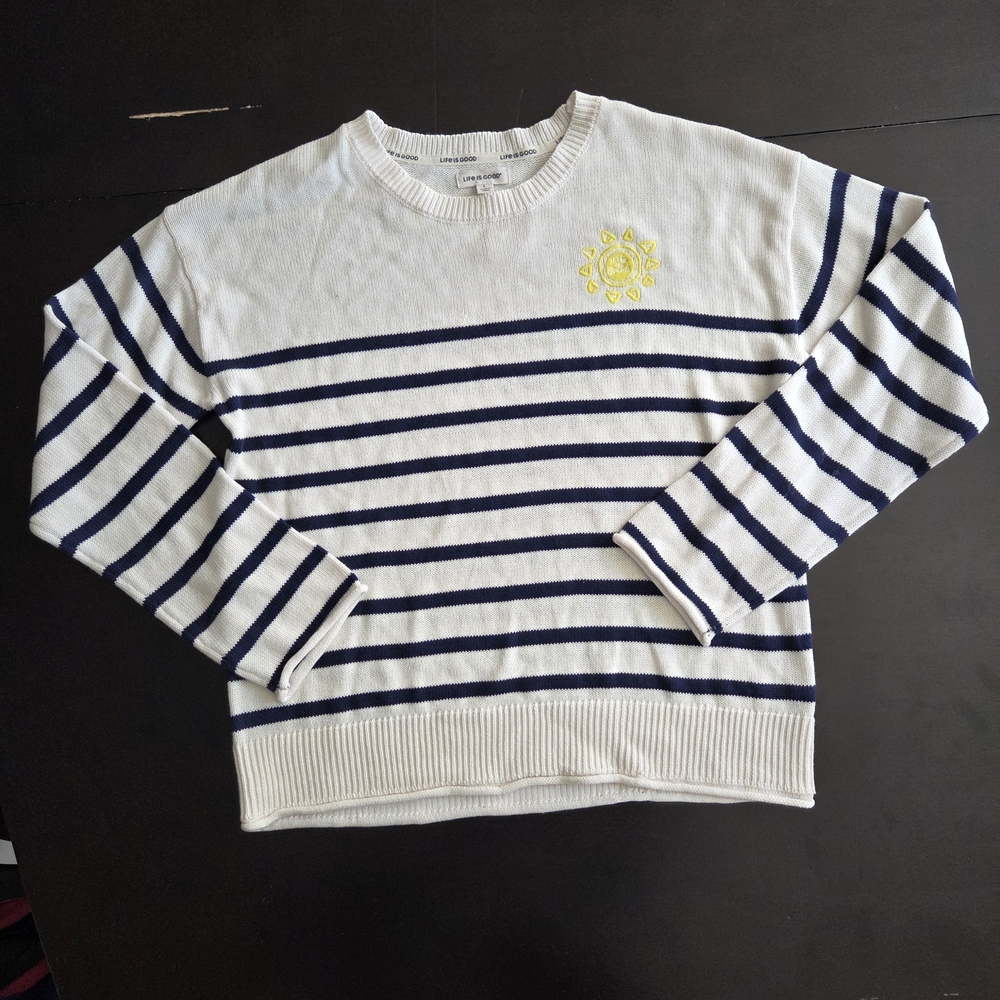 Life Is Good Striped Navy and White Sweater Size Large